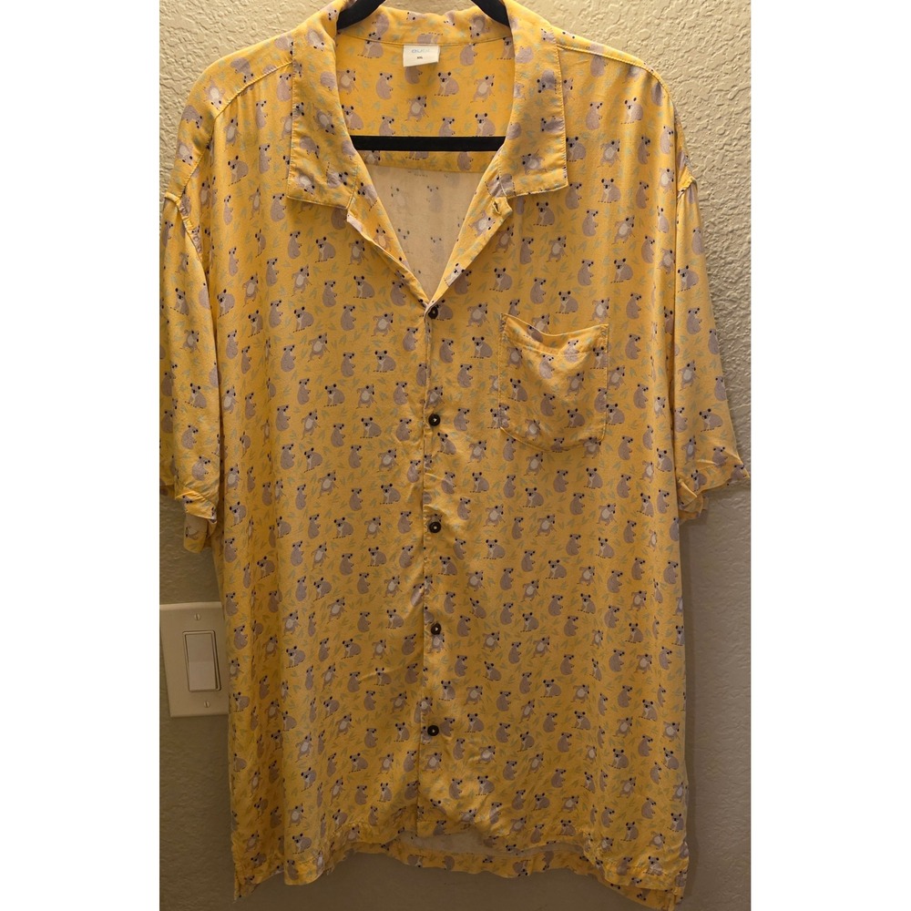 Eubi Koala Print Summer Shirt Yellow Viscose Button Down Camp Collar XXL